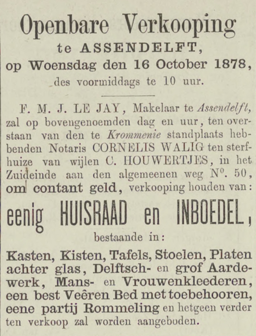 Cornelis Houwertjes openbare verkoop 1878